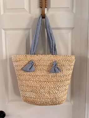 Woven Straw Tote with Navy Stripe Handles and Tassels